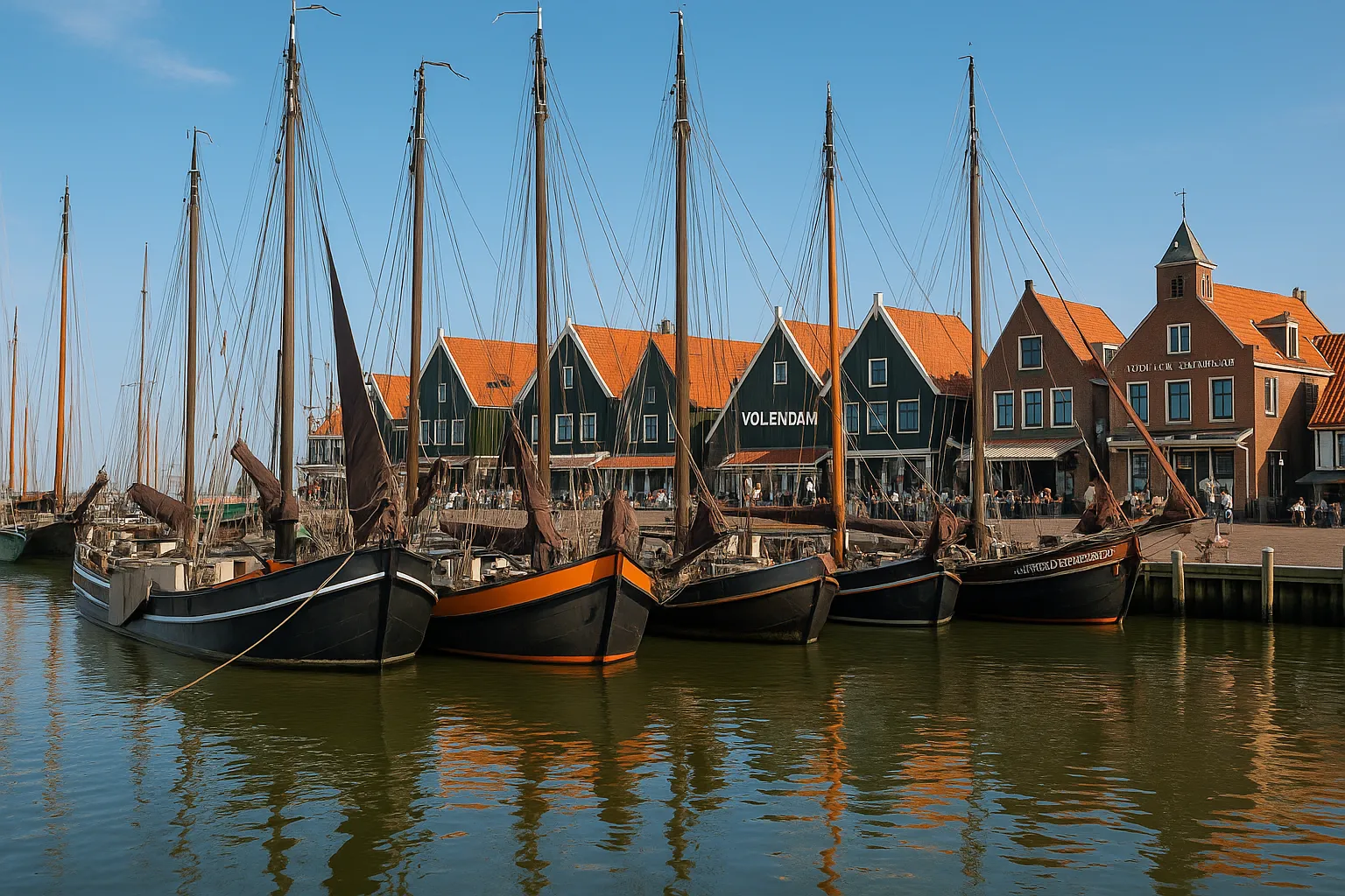 Historic Volendam harbor with traditional boats